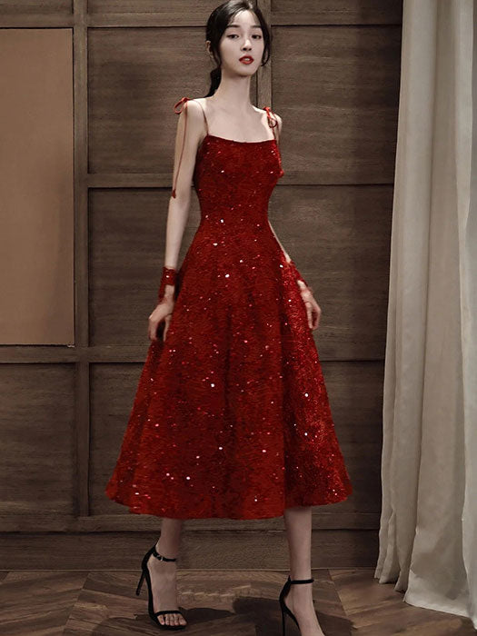 Red Sequined Tie Strap Midi A-Line Slip Prom Dress