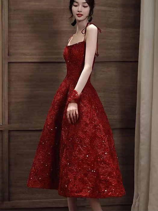 Red Sequined Tie Strap Midi A-Line Slip Prom Dress