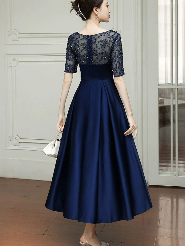 Blue Red Illusion A-Line Maxi Prom Dress