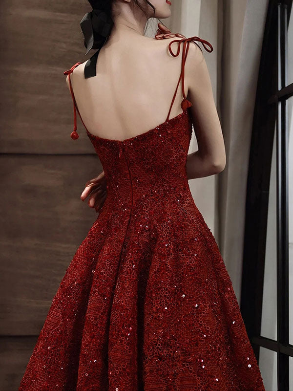 Red Sequined Tie Strap Midi A-Line Slip Prom Dress