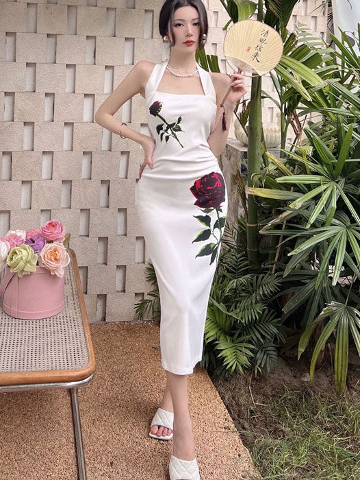 White Rose Print Halter Pencil Dress - IMALLURE S White Rose Print Halter Pencil Dress - IMALLURE S