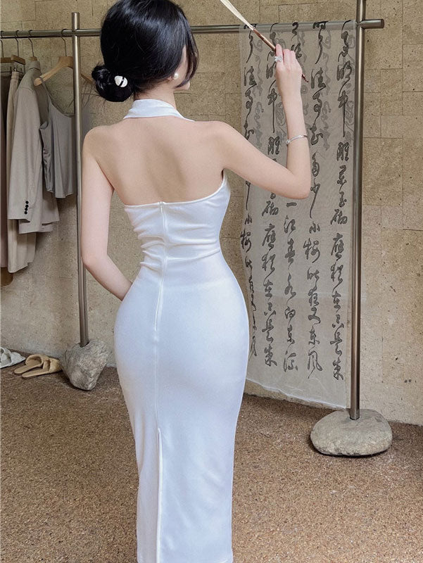 White Rose Print Halter Pencil Dress