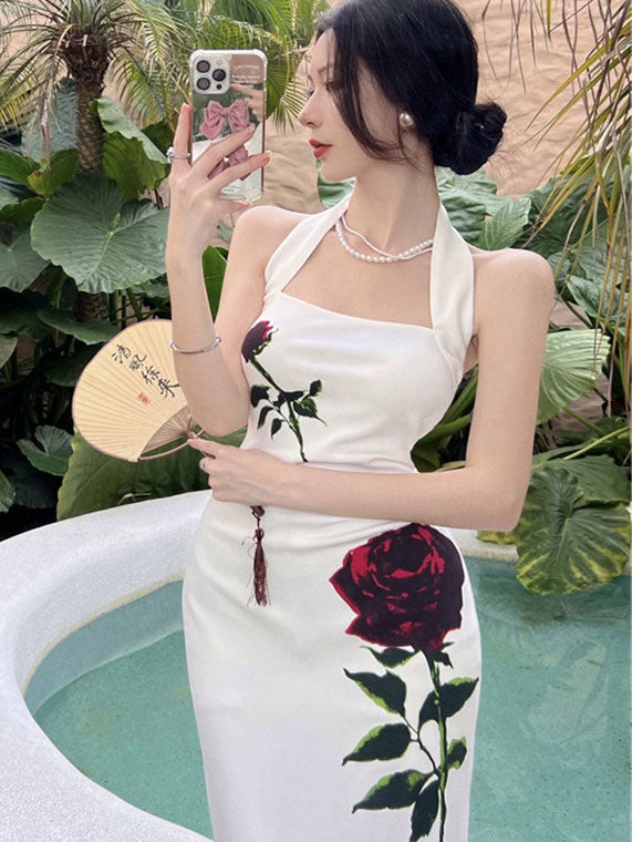 White Rose Print Halter Pencil Dress