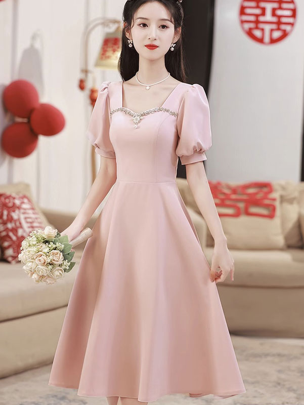 Pink A-Line Midi Party Prom Dress - IMALLURE M Pink A-Line Midi Party Prom Dress - IMALLURE M