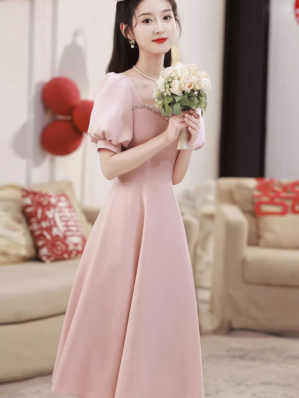 Pink A-Line Midi Party Prom Dress