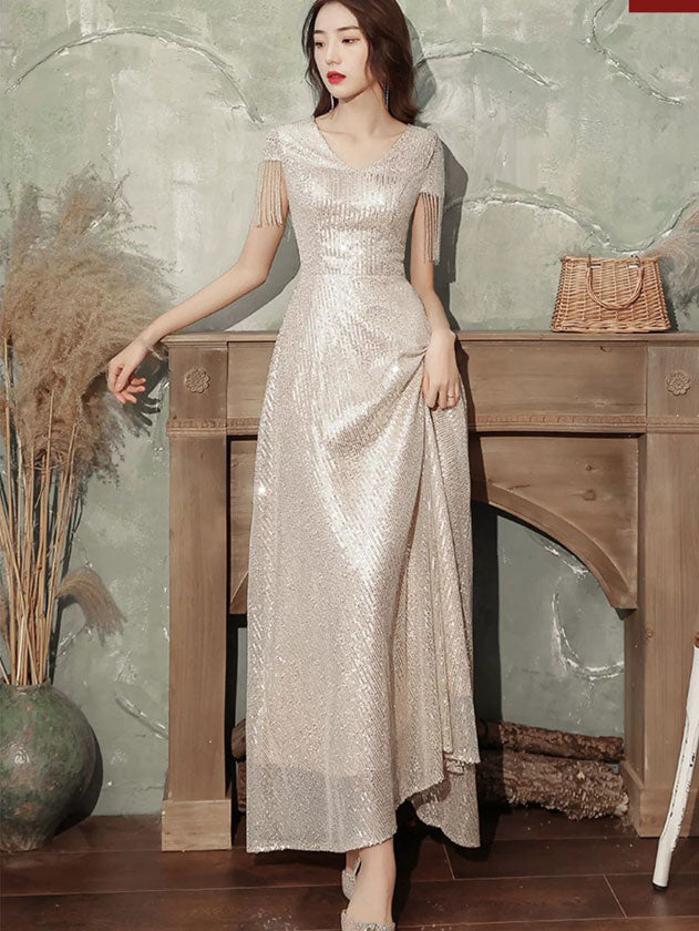 Sequined A-Line V Neck Maxi Dress