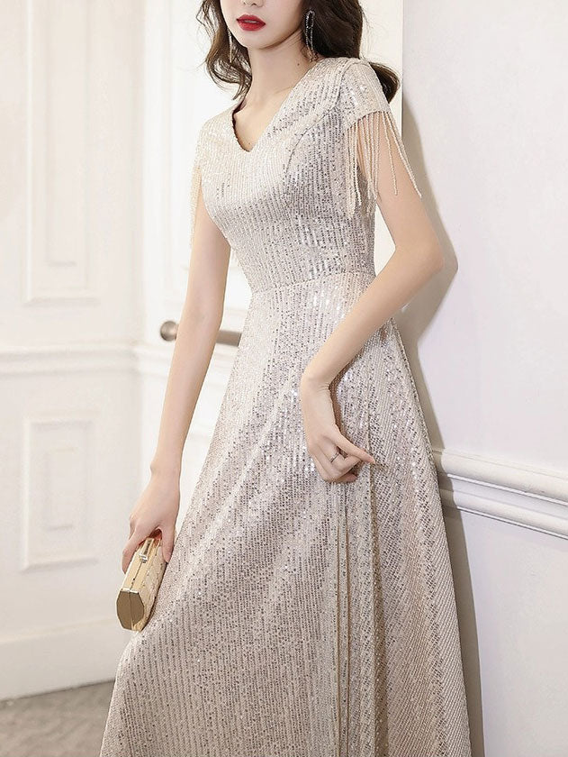 Sequined A-Line V Neck Maxi Dress