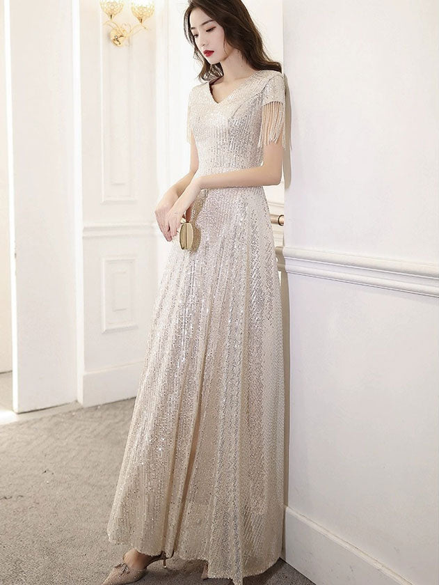 Sequined A-Line V Neck Maxi Dress