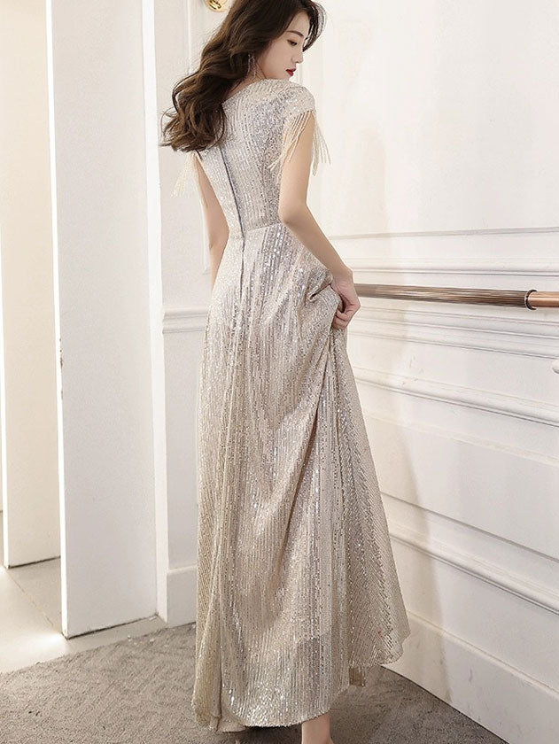 Sequined A-Line V Neck Maxi Dress