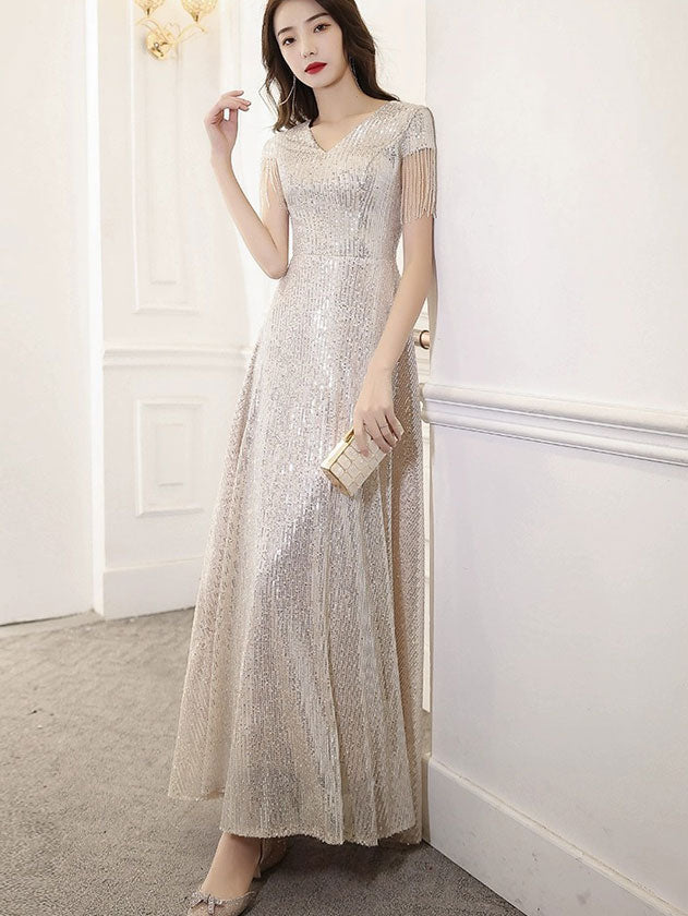 Sequined A-Line V Neck Maxi Dress