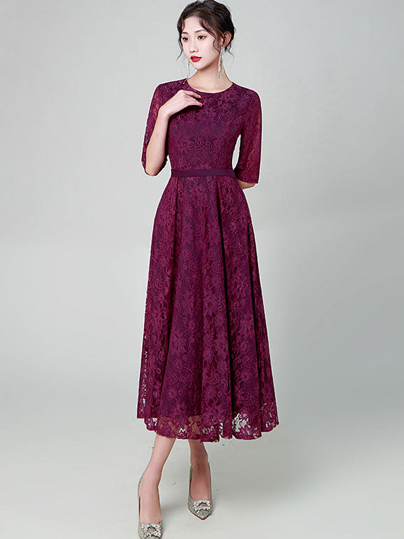 Purple Black Midi A-Line Lace Prom Dress