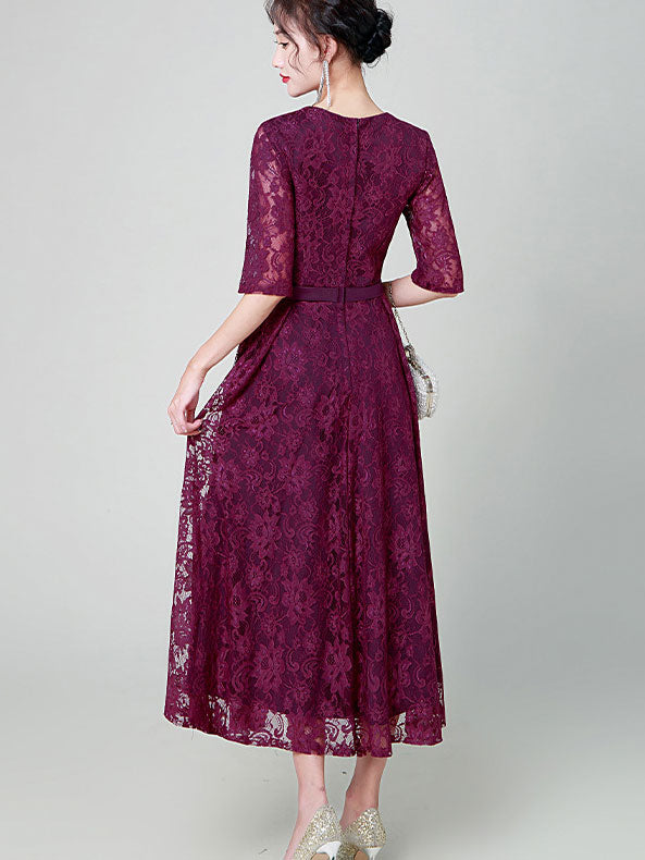 Purple Black Midi A-Line Lace Prom Dress