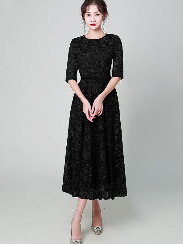 Purple Black Midi A-Line Lace Prom Dress