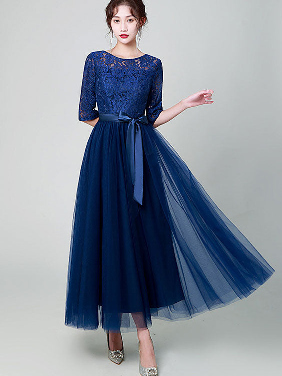 Blue Black A-Line Tulle Maxi Prom Dress