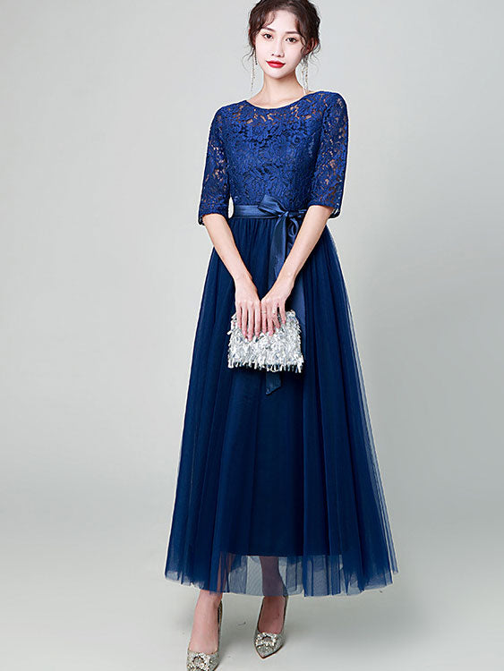 Blue Black A-Line Tulle Maxi Prom Dress