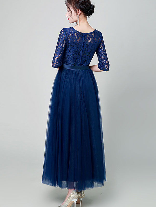 Blue Black A-Line Tulle Maxi Prom Dress