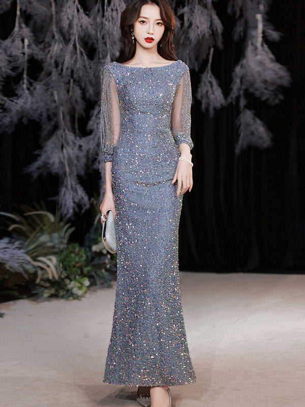 Sequins Boat Neck Beads Sleeve Mermaid Fishtail Dress - IMALLURE Custom Made / Gold