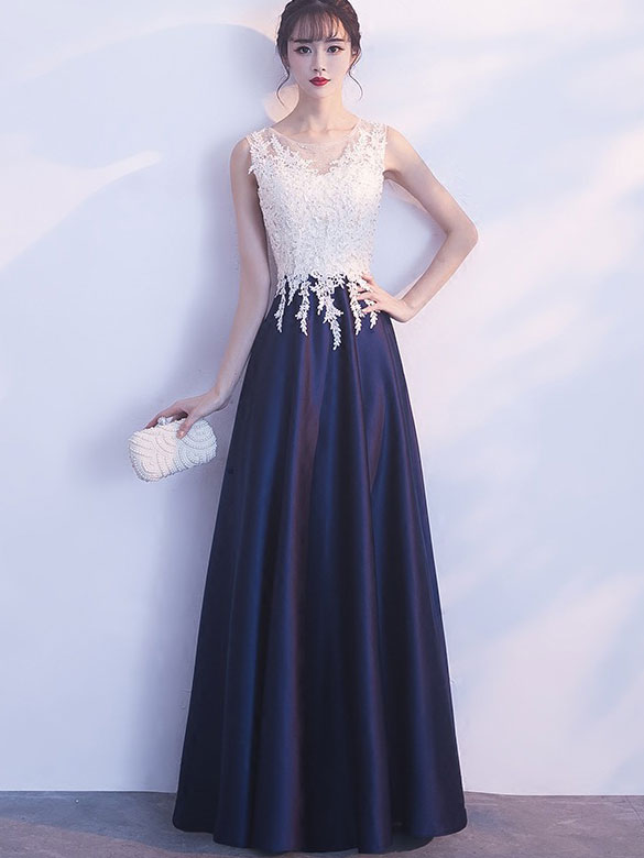 Color Block Lace A-Line Maxi Evening Party Dress - IMALLURE L Color Block Lace A-Line Maxi Evening Party Dress - IMALLURE L