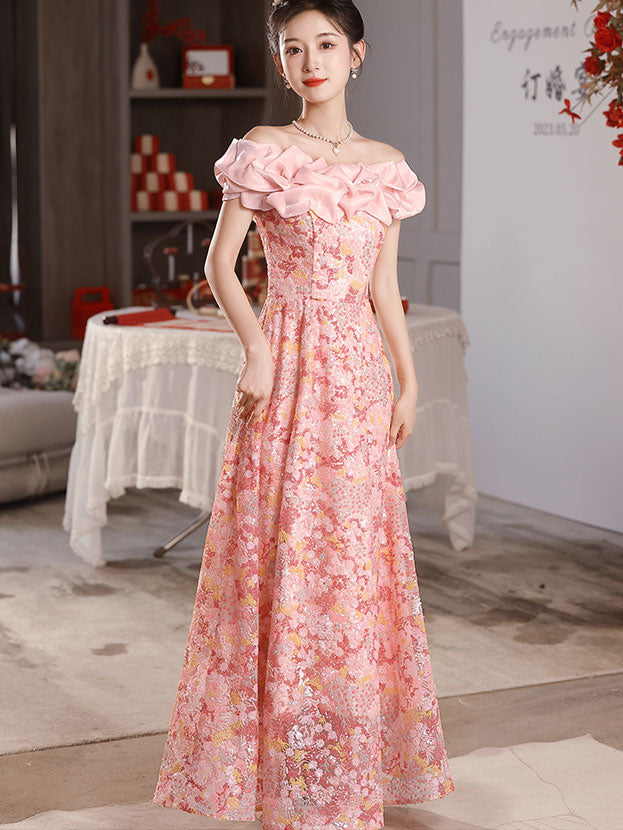 Pink Sequined Floral Ruffle Off Shoulder A-Lined Prom Dress
