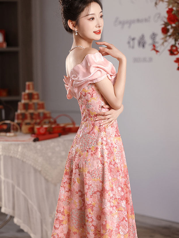 Pink Sequined Floral Ruffle Off Shoulder A-Lined Prom Dress