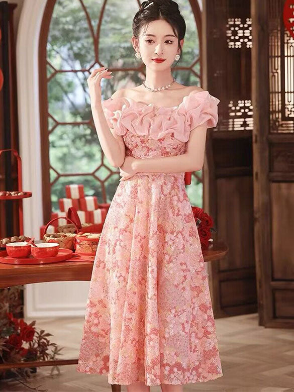 Pink Sequined Floral Ruffle Off Shoulder A-Lined Prom Dress