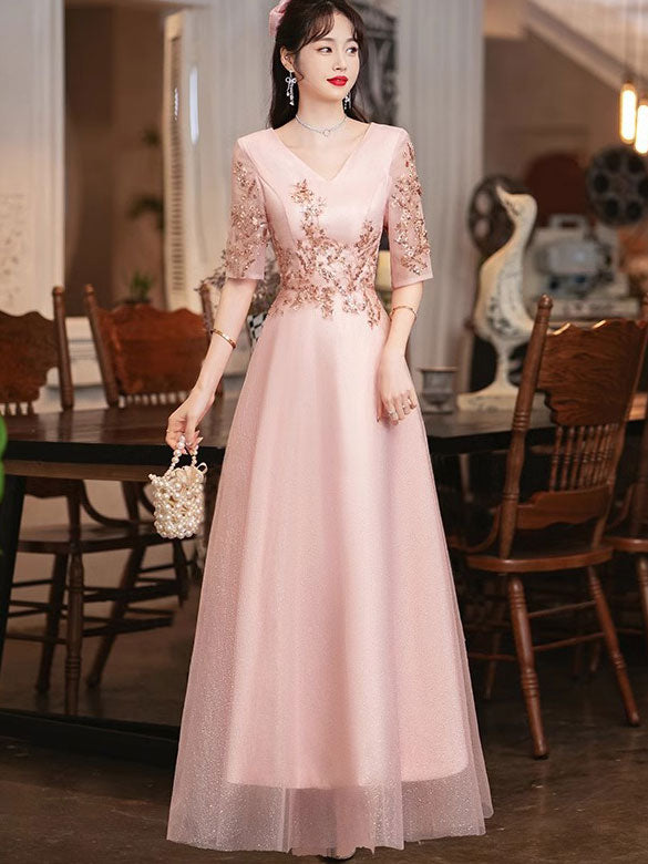Pink Shimmery A-Line Tulle Evening Party Dress