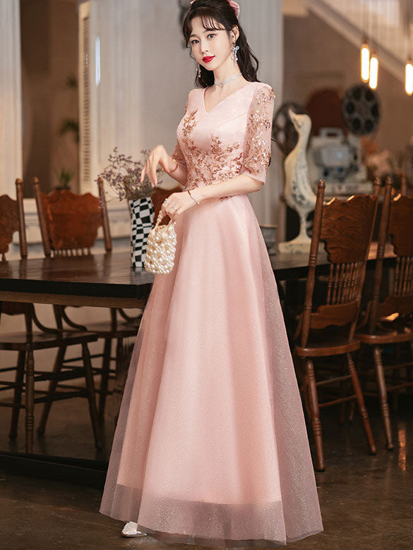 Pink Shimmery A-Line Tulle Evening Party Dress