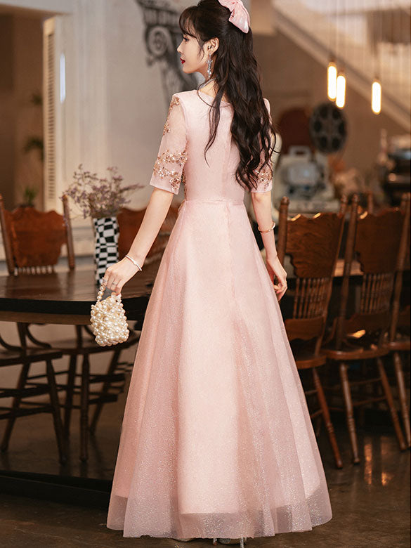 Pink Shimmery A-Line Tulle Evening Party Dress