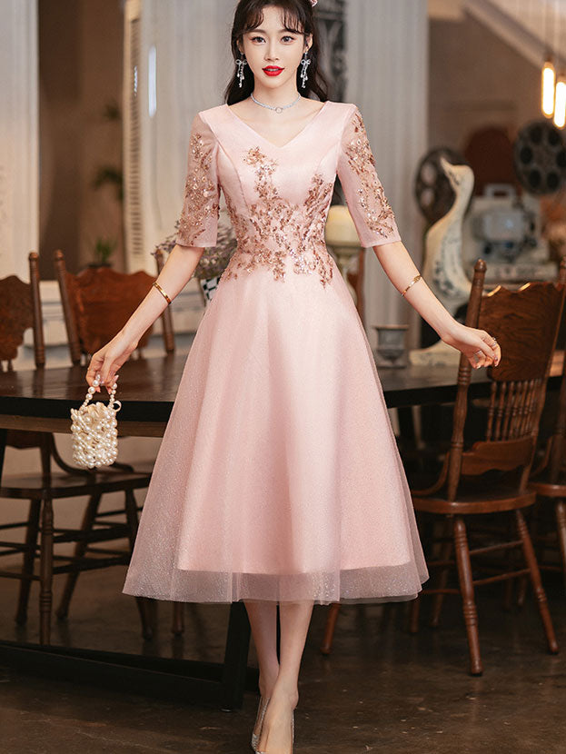 Pink Shimmery A-Line Tulle Evening Party Dress