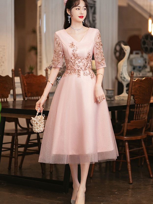 Pink Shimmery A-Line Tulle Evening Party Dress