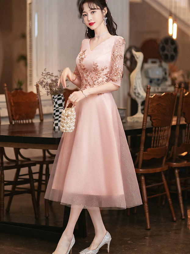 Pink Shimmery A-Line Tulle Evening Party Dress
