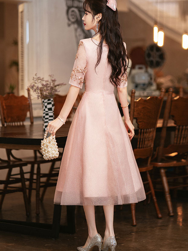 Pink Shimmery A-Line Tulle Evening Party Dress