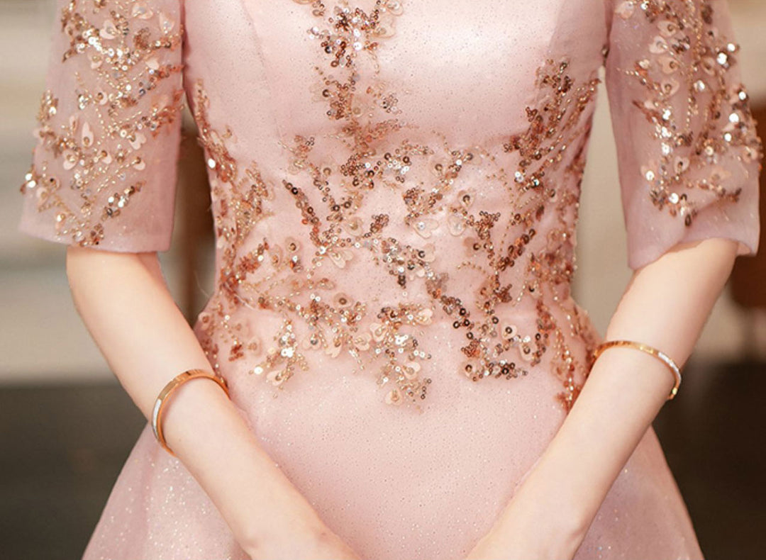 Pink Shimmery A-Line Tulle Evening Party Dress