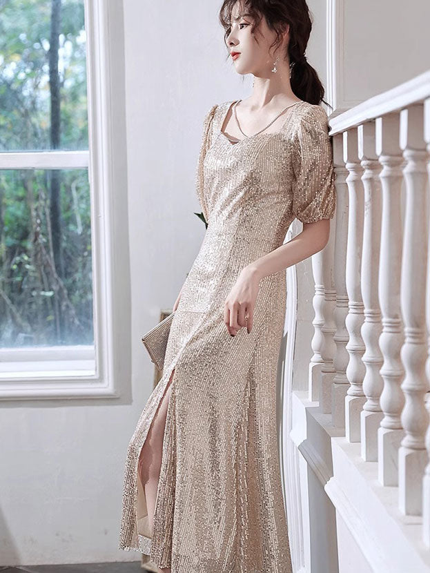 Purple Sequined A-Line Tulle Evening Party Dress