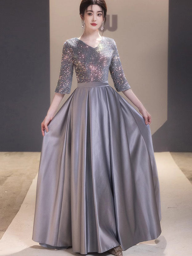 Sequined Gray A-Line Maxi Evening Prom Dress