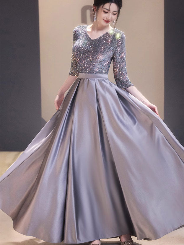 Sequined Gray A-Line Maxi Evening Prom Dress