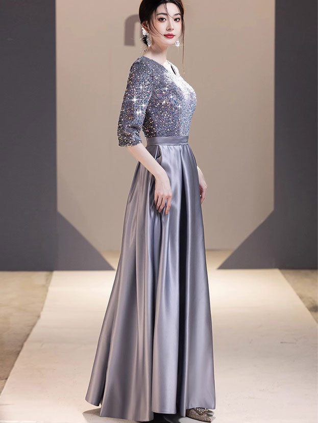 Sequined Gray A-Line Maxi Evening Prom Dress