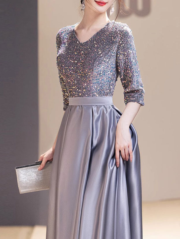 Sequined Gray A-Line Maxi Evening Prom Dress