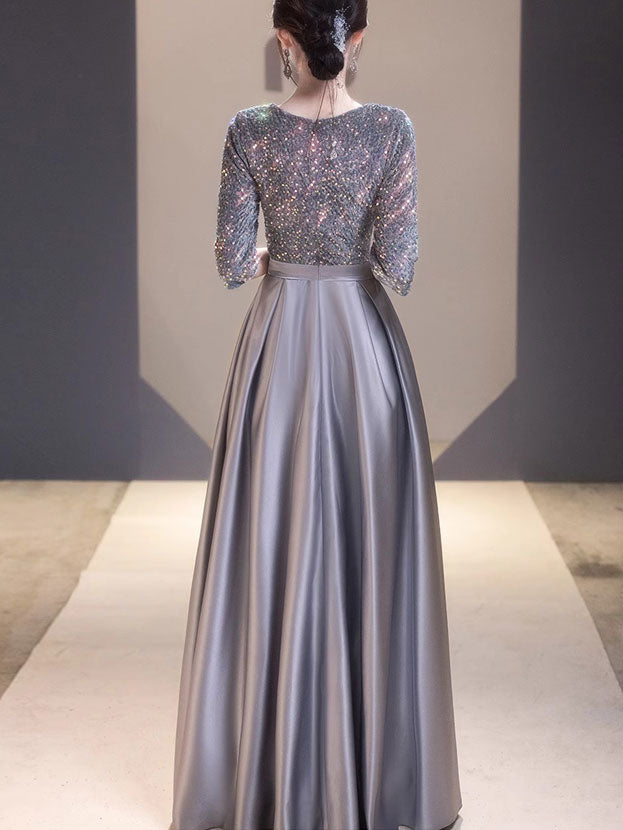 Sequined Gray A-Line Maxi Evening Prom Dress
