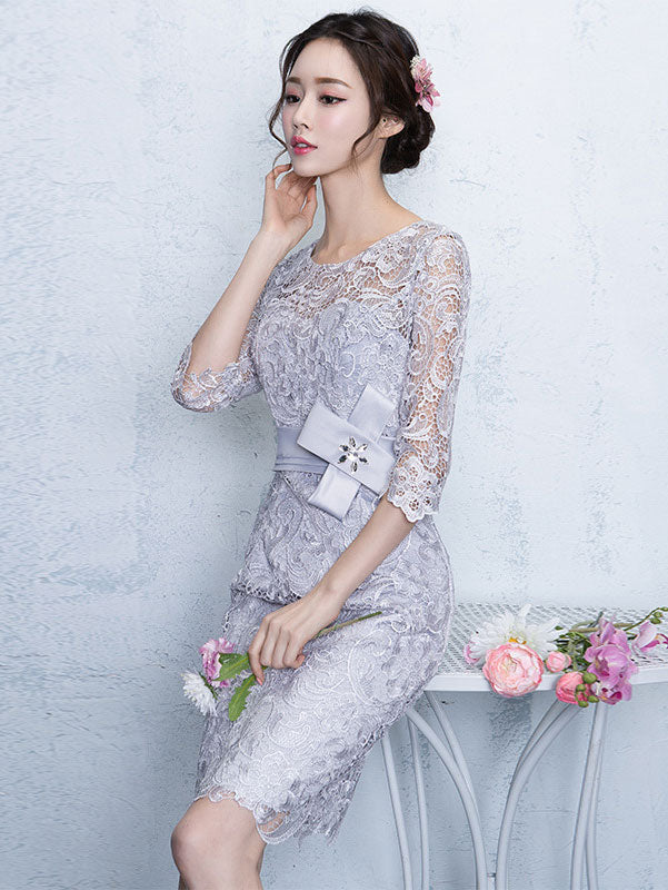 Gray Lace Sheer Half Sleeve Prom Party Dress