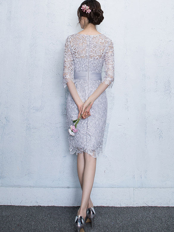 Gray Lace Sheer Half Sleeve Prom Party Dress