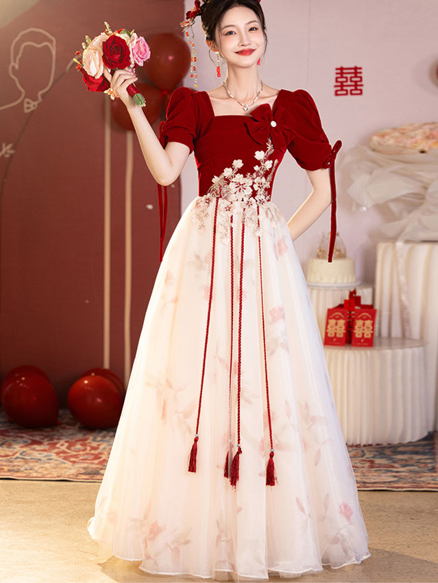 Color Block Square Neck Appliques A-Line Prom Dress