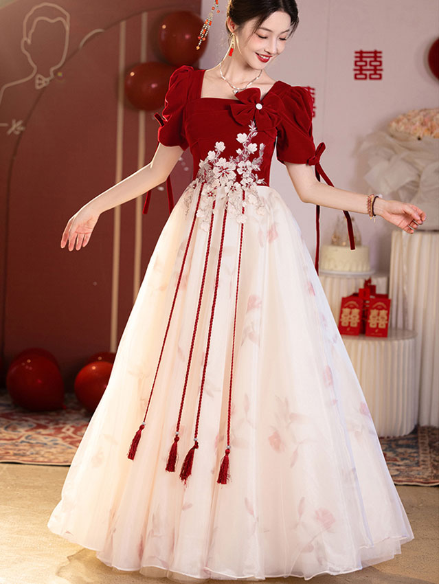 Color Block Square Neck Appliques A-Line Prom Dress