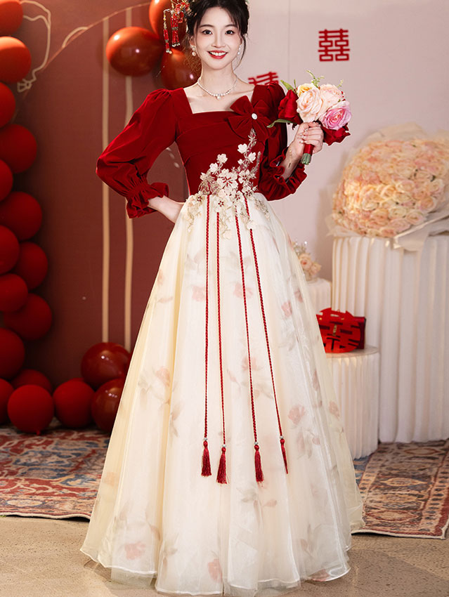 Color Block Square Neck Appliques A-Line Prom Dress