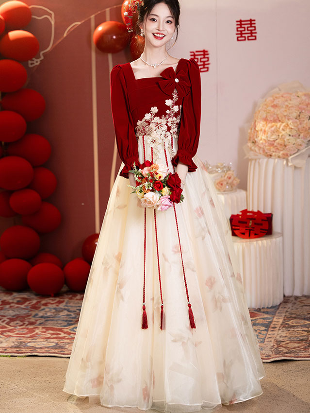 Color Block Square Neck Appliques A-Line Prom Dress