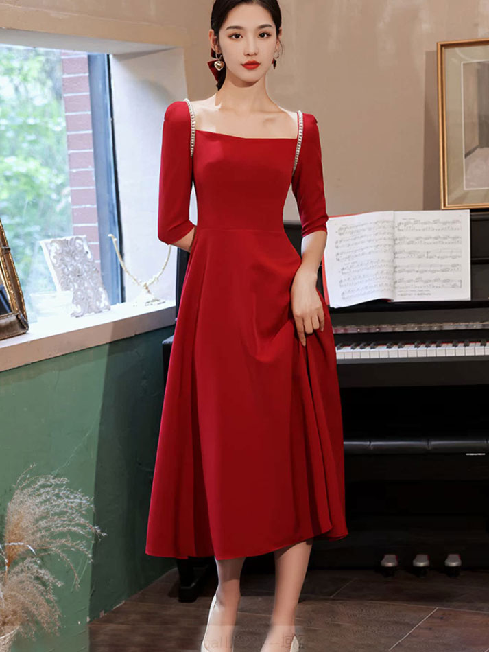 Square Neck A-Line Midi Evening Party Dress - IMALLURE XL / Red Square Neck A-Line Midi Evening Party Dress - IMALLURE XL / Red