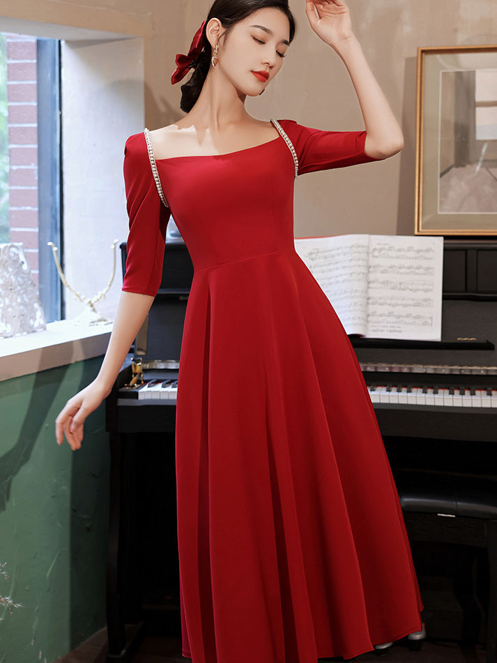 Square Neck A-Line Midi Evening Party Dress