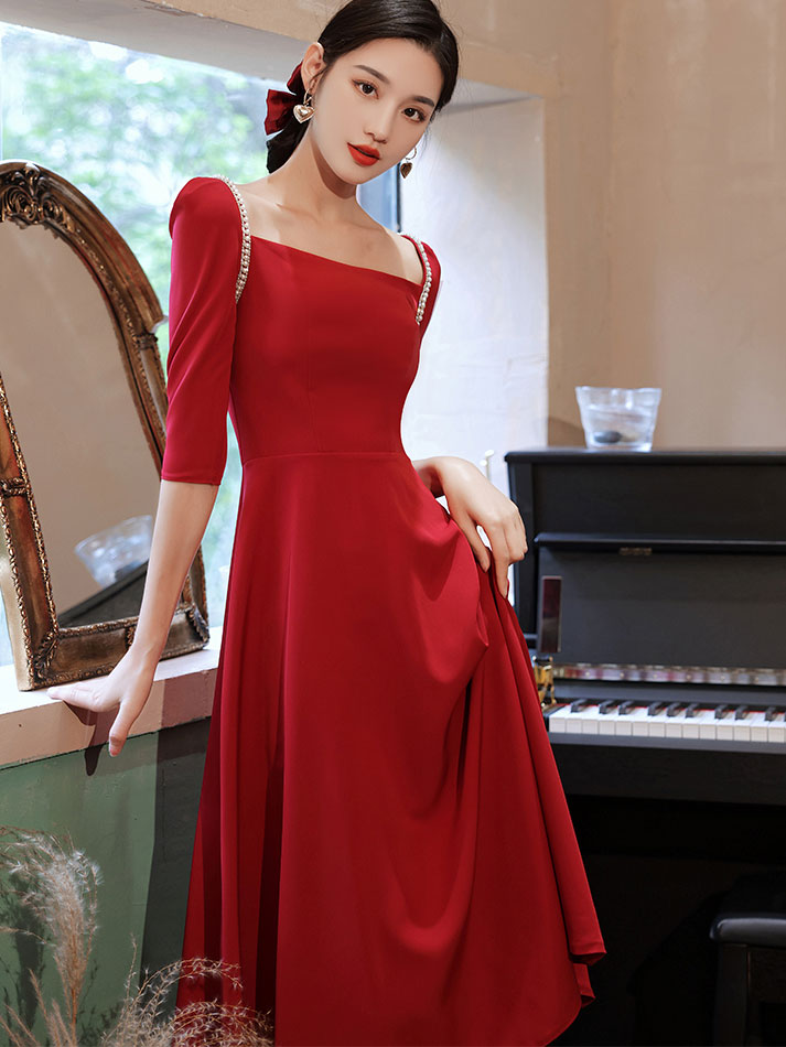 Square Neck A-Line Midi Evening Party Dress