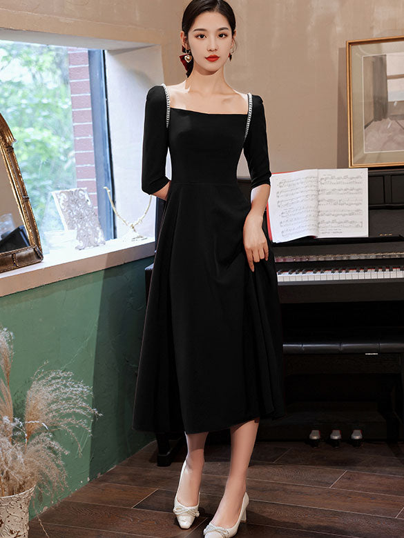 Square Neck A-Line Midi Evening Party Dress