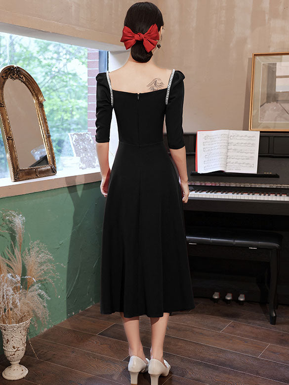 Square Neck A-Line Midi Evening Party Dress